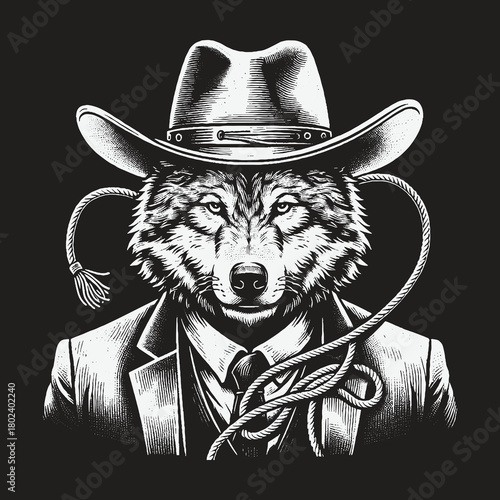 Monochrome Illustration of an Anthropomorphic Wolf in a Cowboy Hat and Suit.