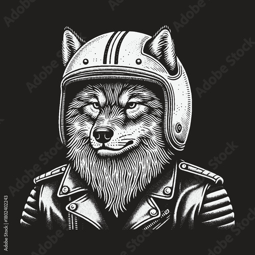 Monochrome Wolf Biker in a Vintage Helmet and Leather Jacket.