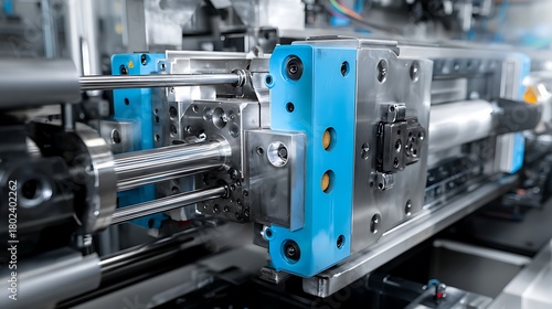 A Detailed View of a High-Precision Injection Molding Machine in an Industrial Setting, Designed for the Production of Complex Plastic Parts.