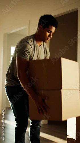 Man carrying cardboard boxes indoors moving house new home concept daylight silhouette