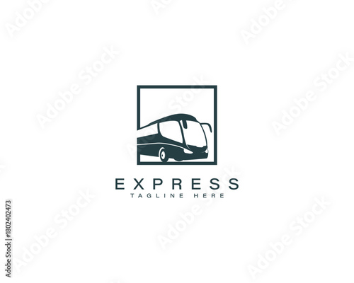 Dark blue bus silhouette inside square with text express tagline here vehicle transportation