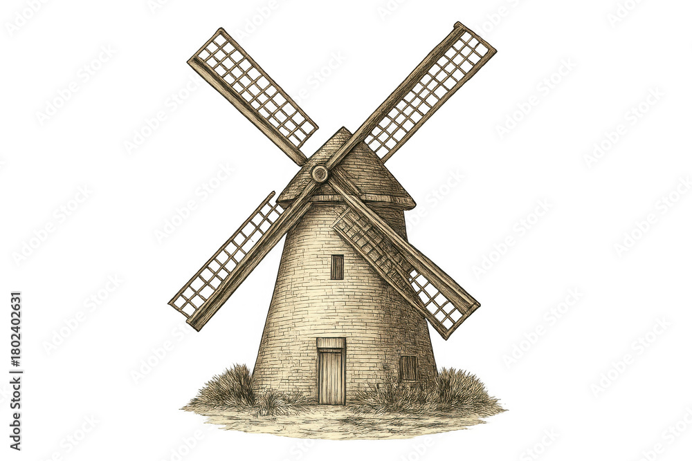 Obraz premium Vintage sepia etched windmill drawing depicting old rural agriculture and traditional energy production