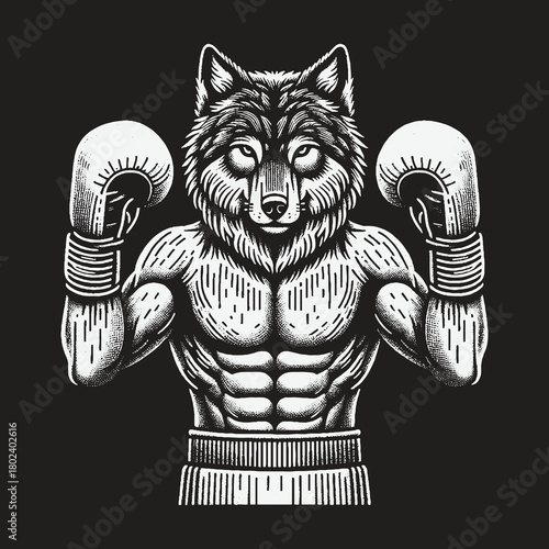 Vintage Monochrome Illustration of a Muscular Wolf Boxer.