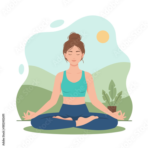 Woman meditating in nature, sitting in lotus pose (Padmasana). Flat vector illustration of yoga, relaxation, and mental health outdoors.