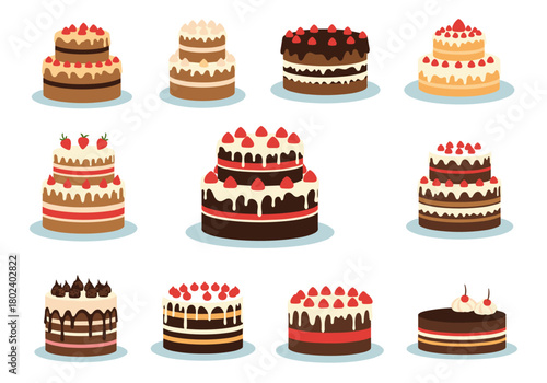 Collection of twelve different illustrated cakes with frosting and fruit toppings.
