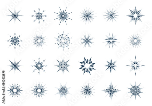 Collection of abstract blue starburst snowflakes on a white background.