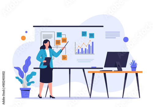 Businesswoman giving a presentation with charts and diagrams on a whiteboard.
