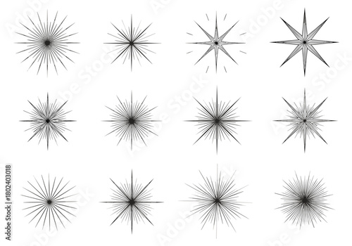 A collection of twelve different starburst illustrations with radiating lines and sharp points.