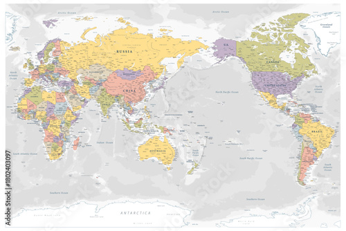 Vector world map centered on the Pacific Ocean. Soft pastel political map with countries in gentle colors, borders, and names clearly labeled. Ideal for print and educational use.