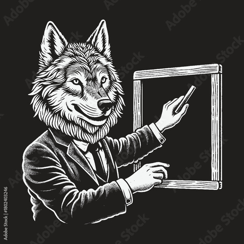 An intelligent wolf professor in a suit teaching a class with chalk.