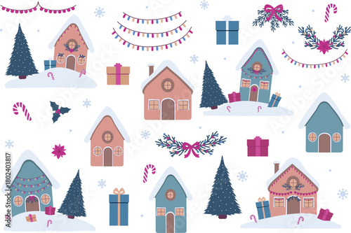 Winter holiday houses clipart set with snowy Christmas elements. Cozy winter cottages clipart collection with festive decorations. 