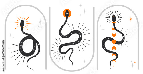 Boho celestial mystical snakes with moon, stars and sun. Set of spiritual occultism symbol, esoteric kundalini object. Magic design for tattoo, print. Cosmic scene with serpent, mystical witchy symbol