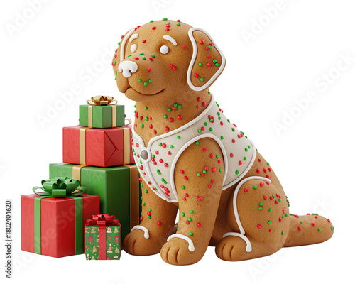 Cute gingerbread dog with colorful sprinkles, wearing a white bib, sitting next to neatly wrapped festive holiday presents with red and green ribbons