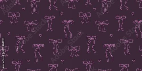 Seamless pattern coquette bow pink. Background Bows and ribbons for hair decoration, celebration party items, gift packaging, present cards and luxury wrap pack.