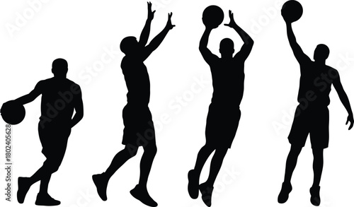 Basketball players silhouettes in action demonstrating ball handling and shooting