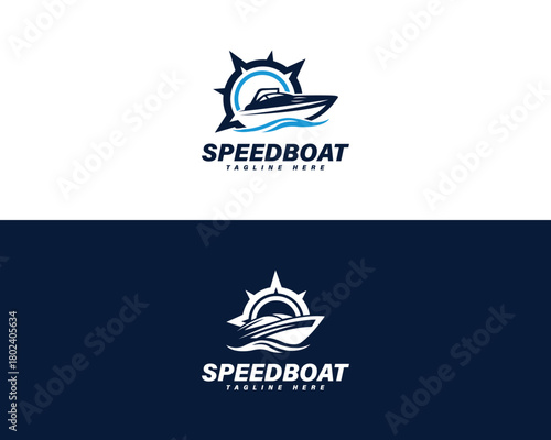 Blue speedboat logo with compass and waves on white and navy backgrounds water