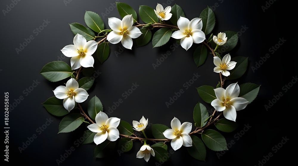Obraz premium A delicate wreath of white flowers and green leaves arranged on a dark background, creating an elegant and serene atmosphere.
