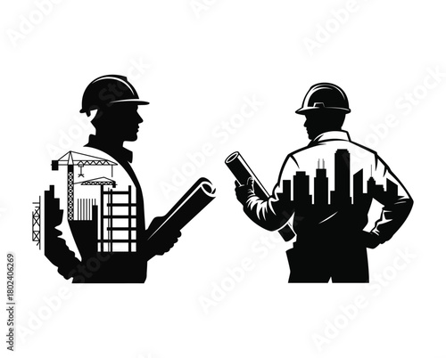 Architects contemplating construction and city skylines blueprint crane design.