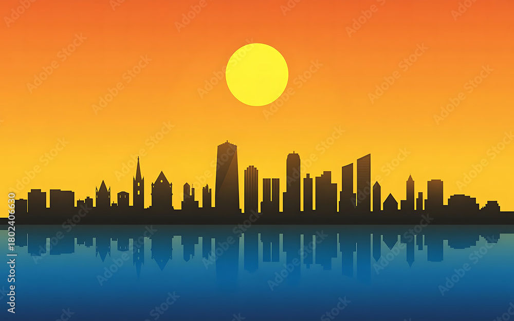 Obraz premium Cityscape skyline at sunset with reflection buildings skyscrapers