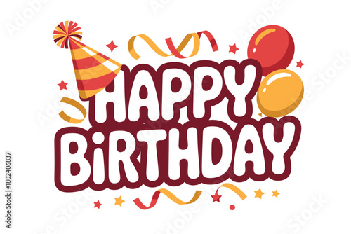 Celebratory graphic displaying "Happy Birthday" with festive elements like balloons and confetti.