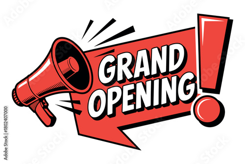 A megaphone announces a grand opening with a bold exclamation mark, symbolizing excitement and new beginnings.