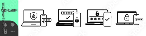 Two steps authentication icon. Verification or sms with push code message confirmation for account login. Multi-factor authentication design verification code message. Phone and laptop password secure
