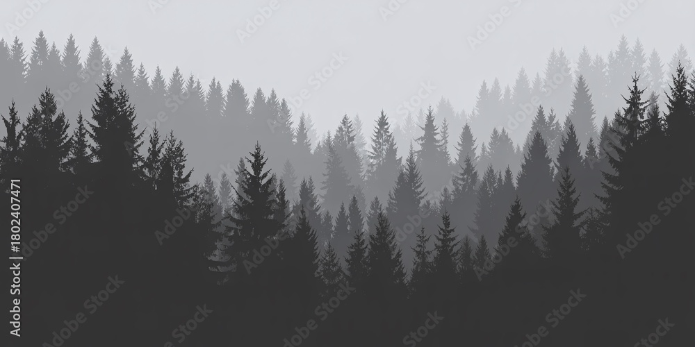 Naklejka premium Black And White Silhouette Of A Dense Pine Forest With Layers Of Evergreen Trees Creating Depth And Foggy Atmosphere, Perfect For Environmental Or Design Backgrounds