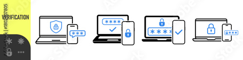 Two steps authentication icon. Verification or sms with push code message confirmation for account login. Multi-factor authentication design verification code message. Phone and laptop password secure