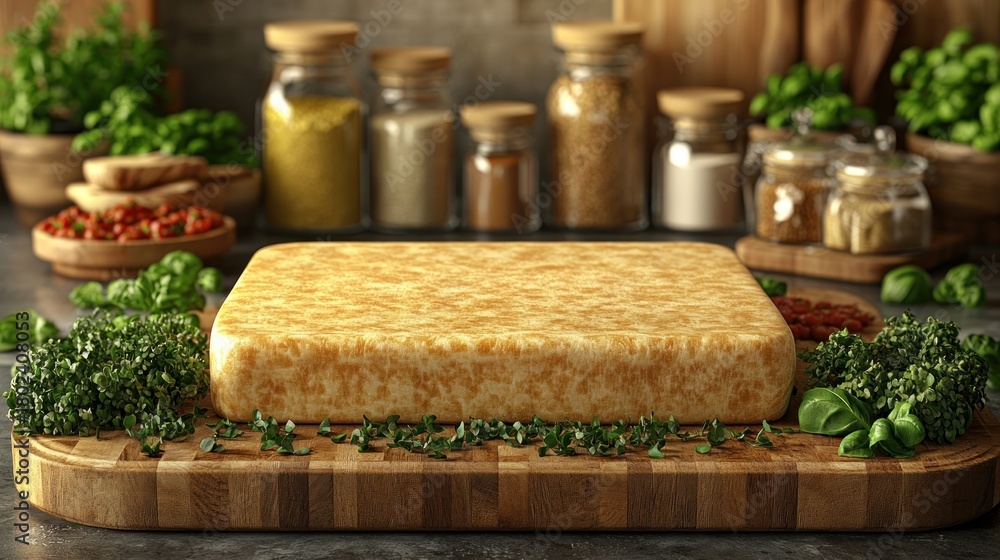 Fototapeta premium A cheese block sits on a cutting board with colorful herbs and spices