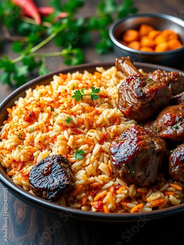 Fototapeta Naklejka Na Ścianę i Meble -  Spiced rice and succulent lamb, the classic Saudi mandi, a flavorful centerpiece for any gathering,  dinner,  gastronomy