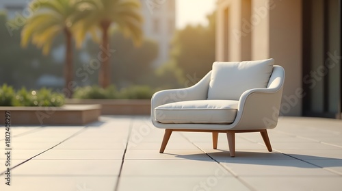 A modern white armchair with wooden legs, set against a sunny outdoor backdrop with palm trees.