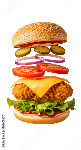 Delicious crispy chicken burger with fresh lettuce tomato onion cheese pickles isolated on transparent background