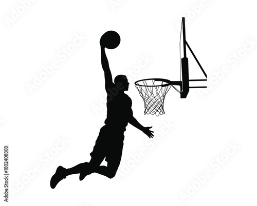 Silhouette of a basketball player dunking a ball into a hoop vector.
