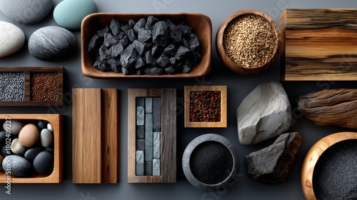 A beautiful arrangement of natural materials including stones, charcoal, and grains. This image showcases textures, colors, and forms. Perfect for design or decor inspiration. AI