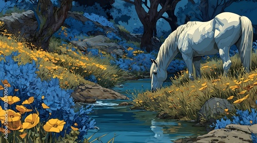 A white horse drinks from a clear mountain river, surrounded by lush grass and bright wildflowers, including blue and yellow.