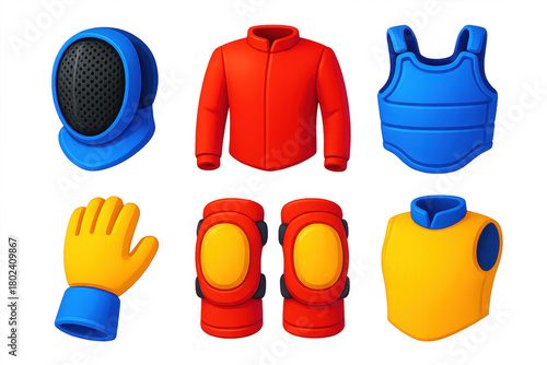 Vibrant Protective Gear Icons. 3D icon set of protective gear: fencing masks, jackets, chest protectors, gloves, knee pads,