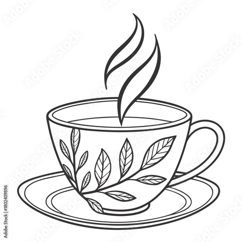 A cup of tea with leaf design isolated on, steam rising up