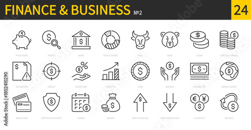 Finance & business icon set. Piggy bank, profit, coin, savings, banknotes, currency, refund, savings, banknotes, world money, bull, bear, donut chart, price etc. Vector illustration. Editable stroke. 