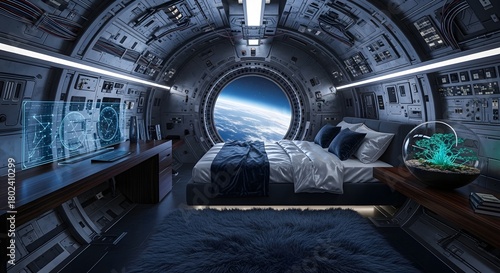 Fototapeta Naklejka Na Ścianę i Meble -  Futuristic bedroom space station earth view interior design spaceship travel exploration technology concept