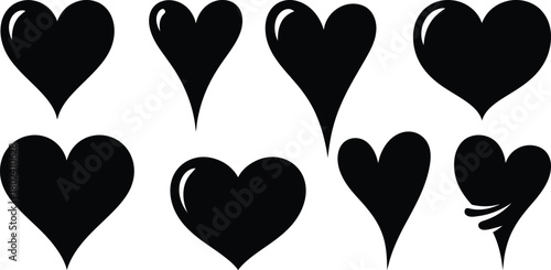 Collection of eight unique hand drawn black heart shapes with glossy finish and varied styles on white background