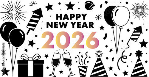 Year 2026 displayed with a vibrant gradient on a dark background design