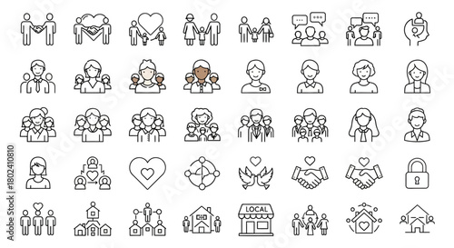A diverse set of thin line icons representing community, relationships, family, support, and social networking.