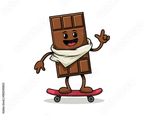 Brown chocolate bar character with scarf skateboarding cartoon.