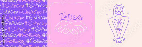 IWD2026 - International Womens Day greeting cards set. Abstract woman with cupped hands in linear doodle style. March 8th concept. Vector monoline doodle hand drawn illustration with lettering text
