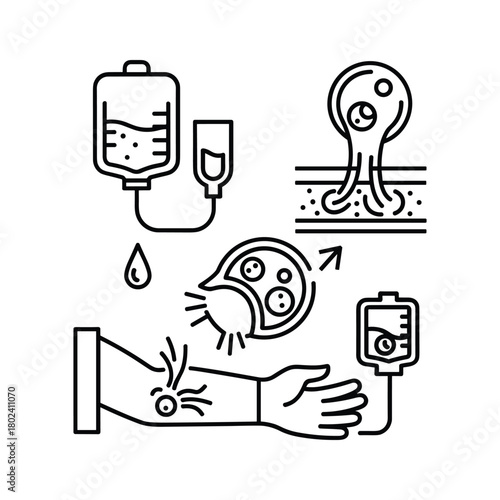 Medical and biology line art icons, blood, cells, infusion, immunity