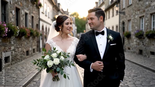 A Timeless Moment Bride and Groom Stroll on Cobblestone Street