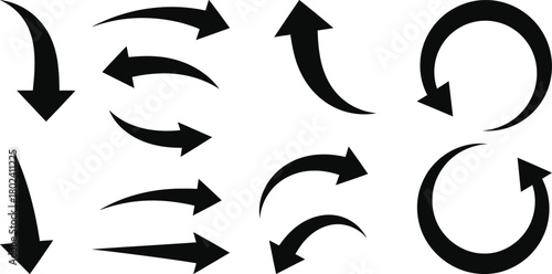 Collection of diverse black arrow shapes and styles pointing in various directions on a white background