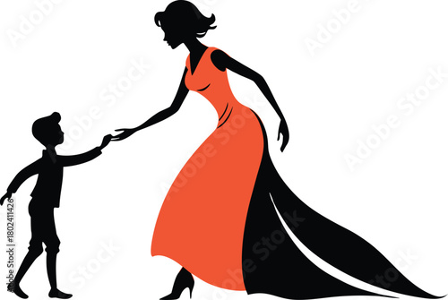 Mother and Son Silhouette Dancing Together on White Background family