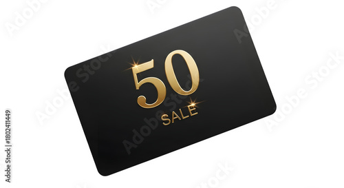 Black gift card with gold text 50 sale and sparkles, isolated on transparent background