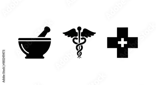 Simple medical symbols: mortar and pestle, caduceus, and cross for healthcare design